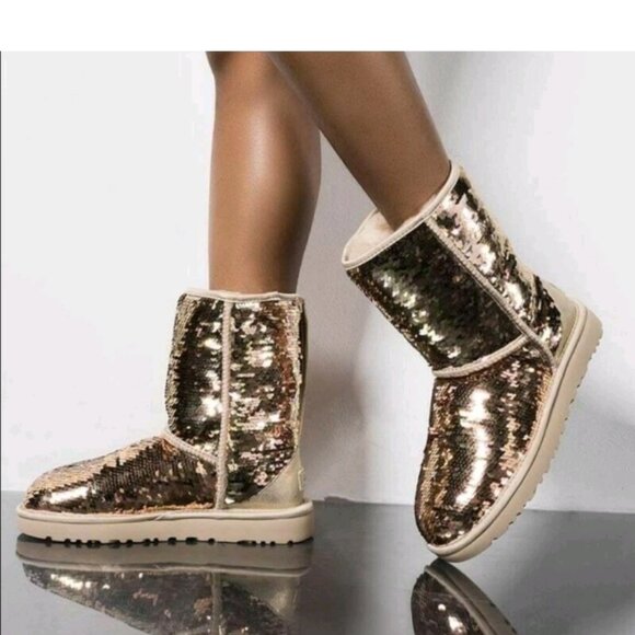 UGG Classic Short Gold Sequin Boots size 6 - Picture 1 of 8